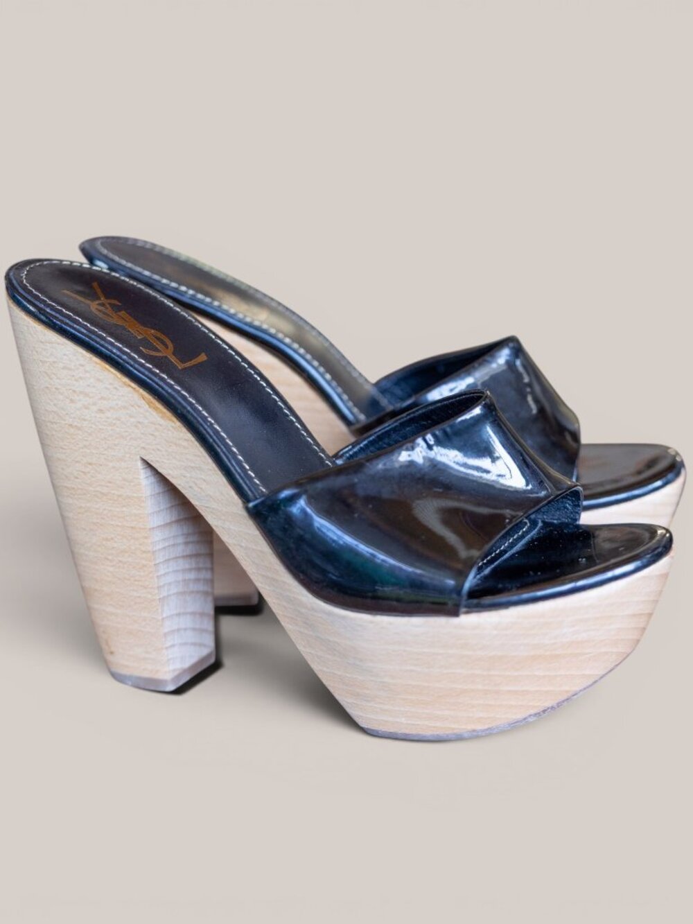 Yves Saint Laurent YSL Wood Platform Black Patent Leather Mules * 39